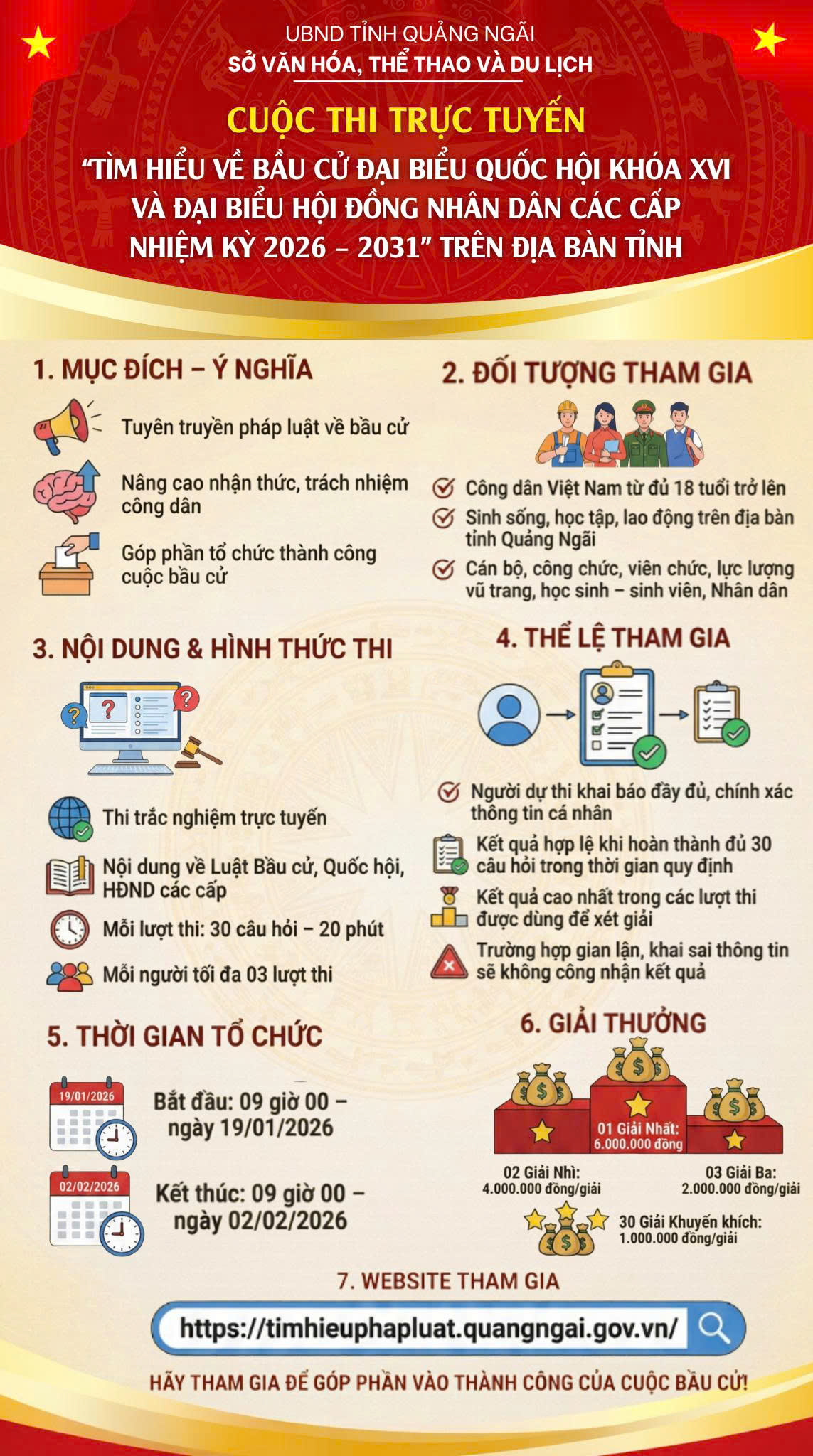 Cuộc thi trực tuyến “Tìm hiểu về bầu cử Đại biểu Quốc hội khóa XVI và Đại biểu HĐND các cấp nhiệm kỳ 2026-2031 ” trên địa bàn tỉnh Quảng Ngãi