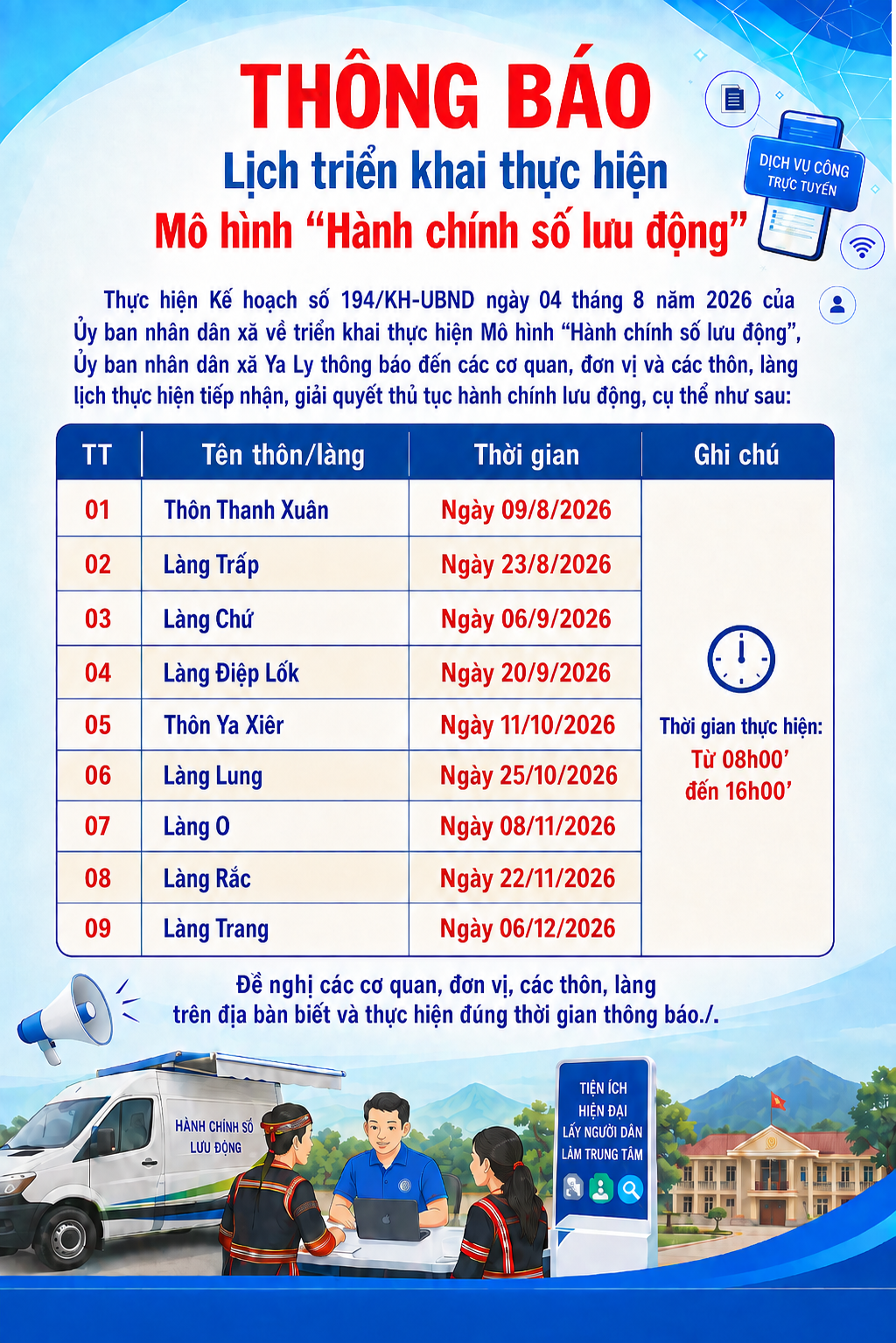 THÔNG BÁO LỊCH TRIỂN KHAI THỰC HIỆN MÔ HÌNH "HÀNH CHÍNH SỐ LƯU ĐỘNG" TRÊN ĐỊA BÀN XÃ YA LY