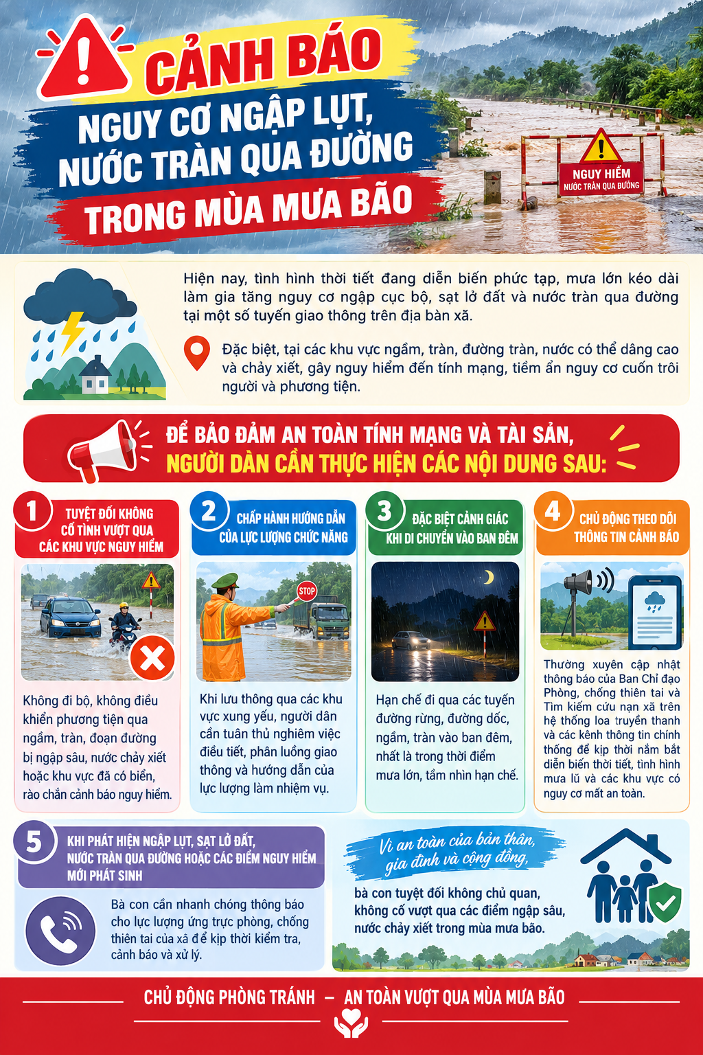 CẢNH BÁO NGUY CƠ NGẬP LỤT, NƯỚC TRÀN QUA ĐƯỜNG TRONG MÙA MƯA BÃO